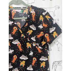 Cats and Rainbows Scrub Top Black Vneck 2 Pocket Small